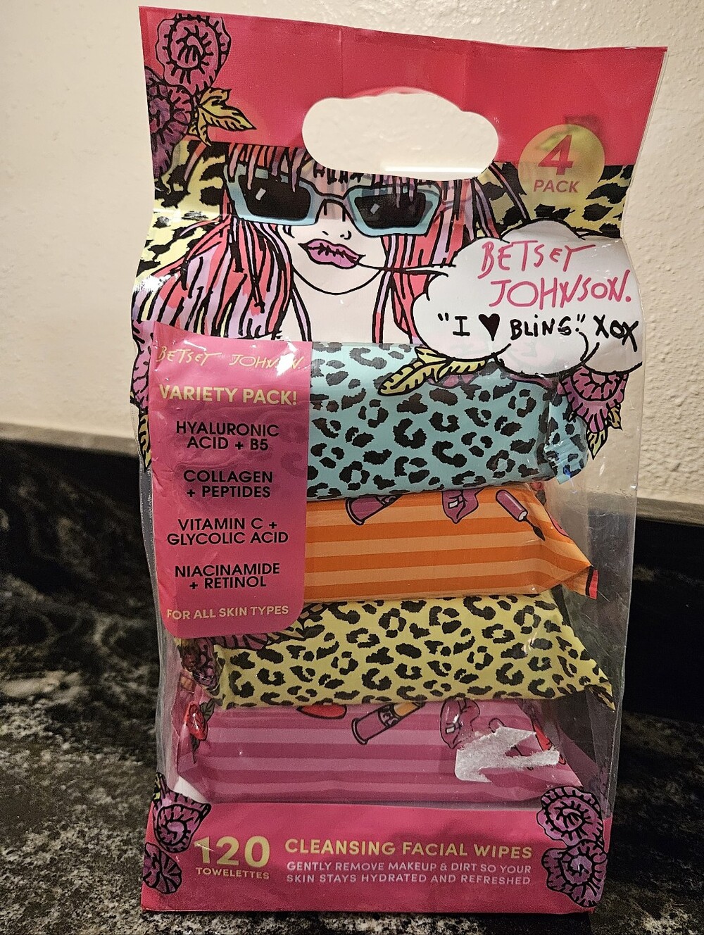 Betsey Johnson Cleansing Facial Wipes Variety Pack - 4 Pack (120 Count) NIB
